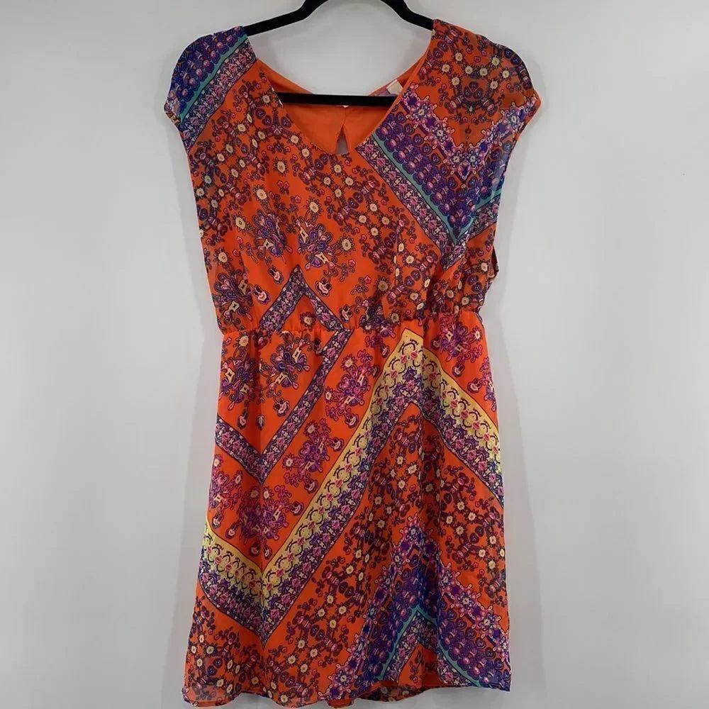 3For$20 Alya Floral Orange Purple Paisley Print Midi Dress size: small